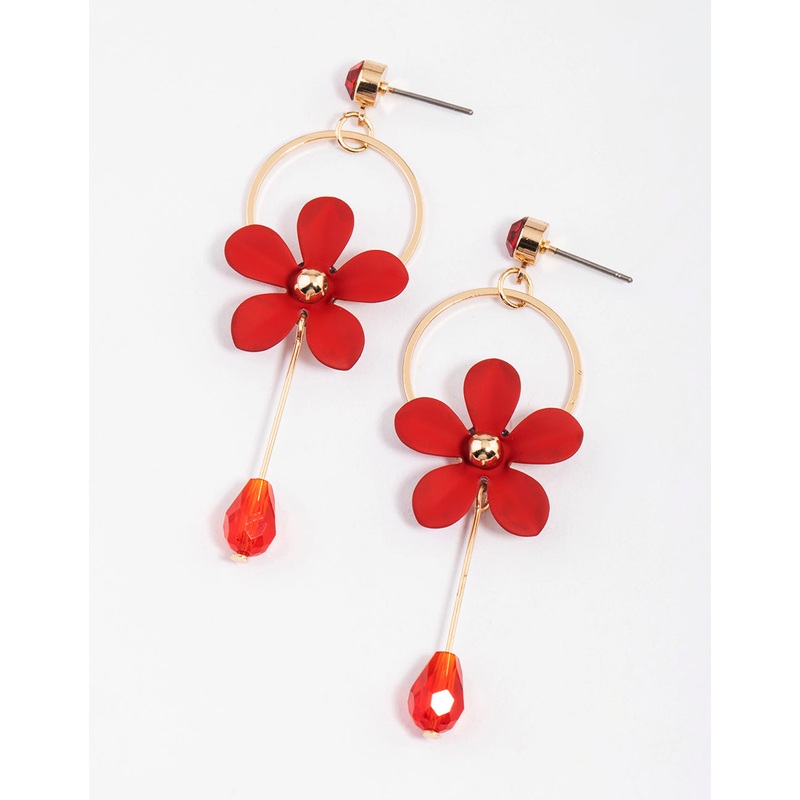Red Diamante Circle Flower Drop Earrings