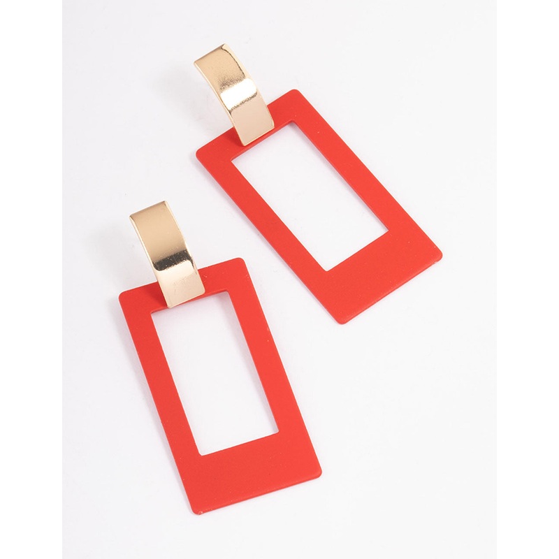 Red Large Open Square Drop Earrings