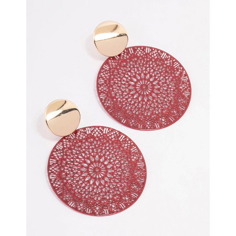 Red Mixed Disc Filigree Drop Earrings