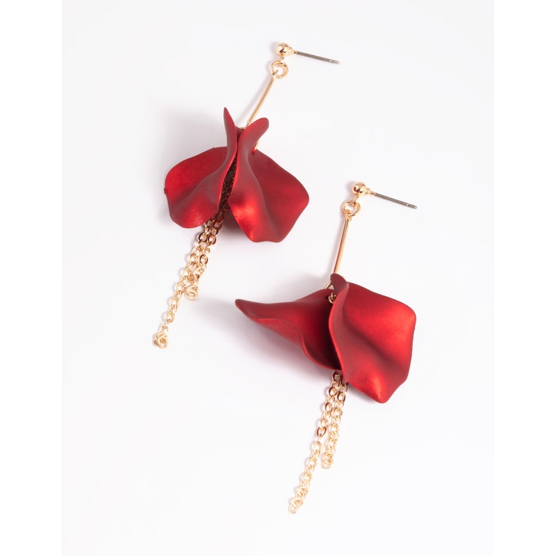 Red Petal & Chain Drop Earrings