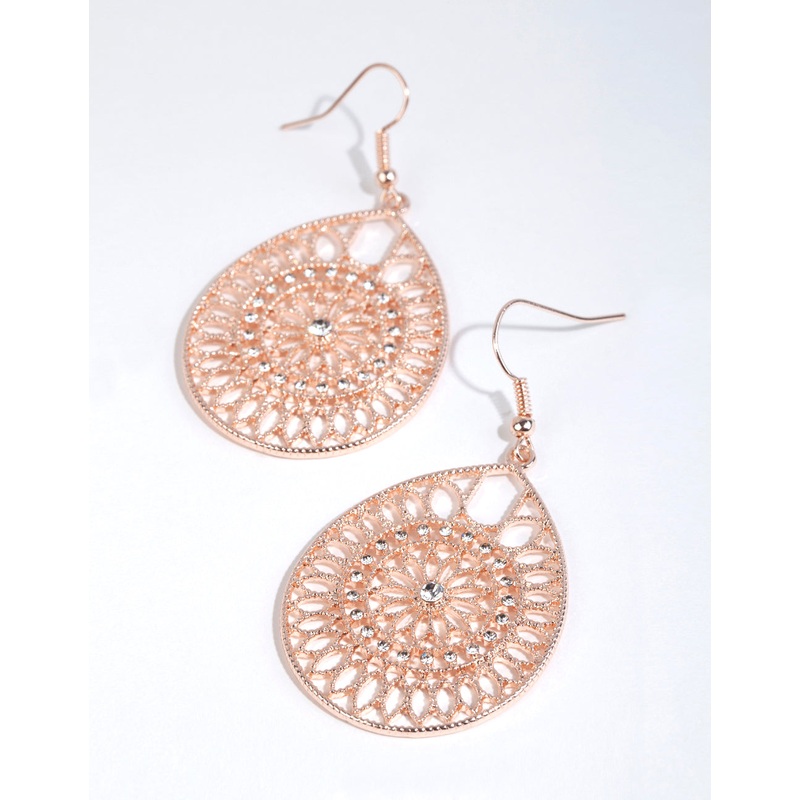 Rose Gold Diamante Filigree Teardrop Earrings