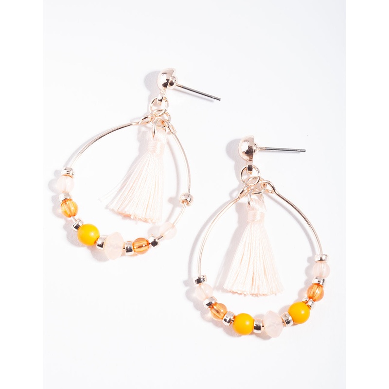 Rose Gold Half Bead Tassel Teardrop Earrings