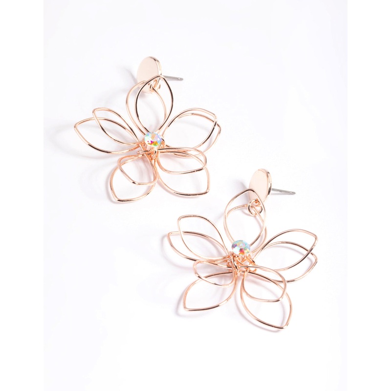 Rose Gold Pink Crystal Large Wire Flower Drop Earrings