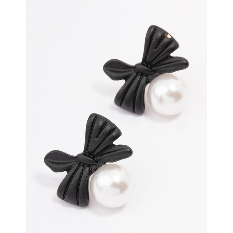 Black Bow Pearl Stud Earrings|Default Title