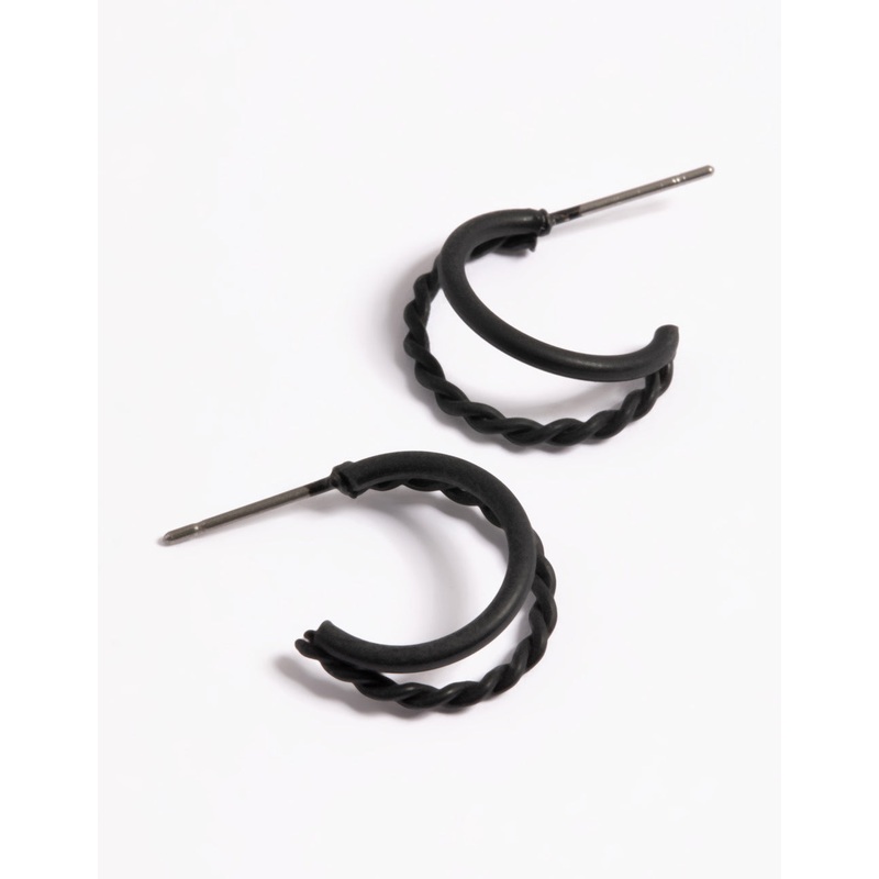 Black Coated Plain & Twist Double Huggie Earrings
