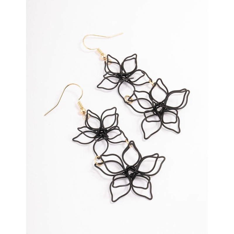 Black Double Wire Flower Drop Earrings
