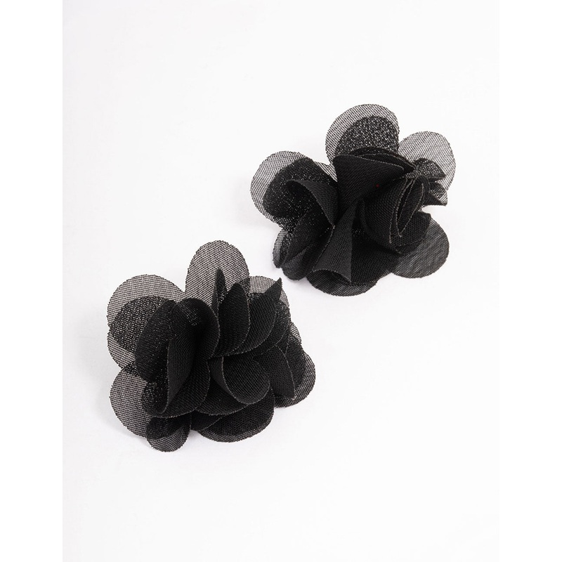 Black Fabric Layered Flower Stud Earrings