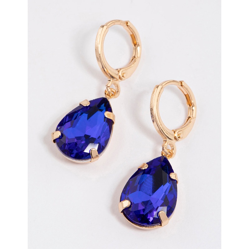 Blue Diamante Pear Huggie Drop Earrings