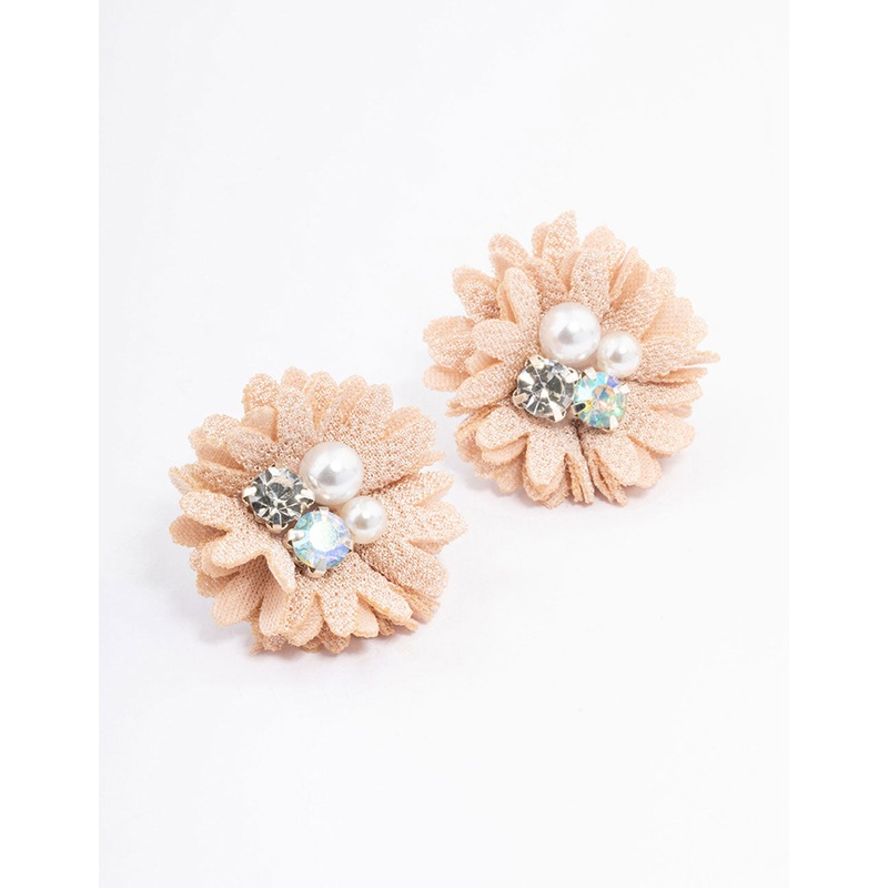 Blush Pearl & Diamante Flower Stud Earrings