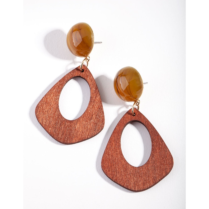 Gold Acrylic & Wood Teardrop Earrings
