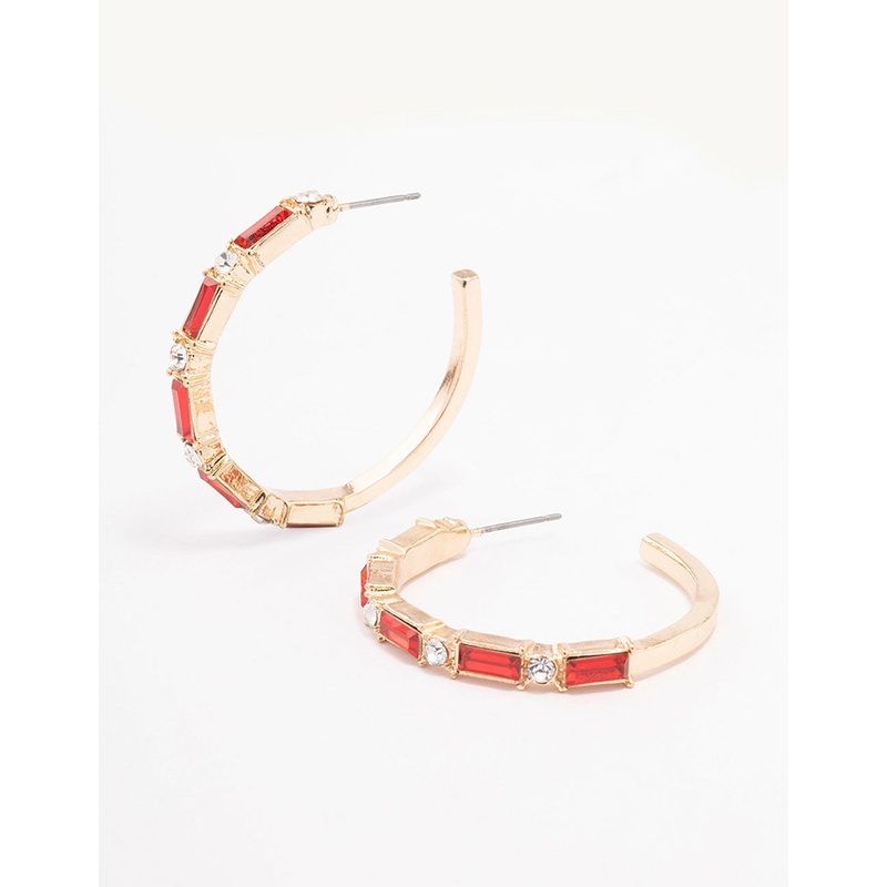 Gold Baguette Red Hoop Earrings