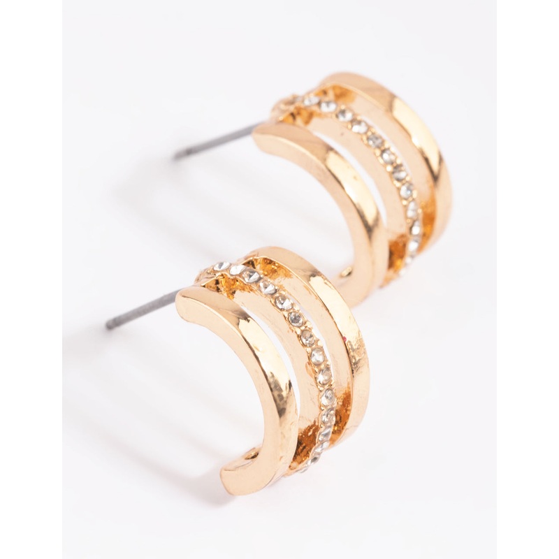 Gold Diamante Triple Row Huggie Hoop Earrings