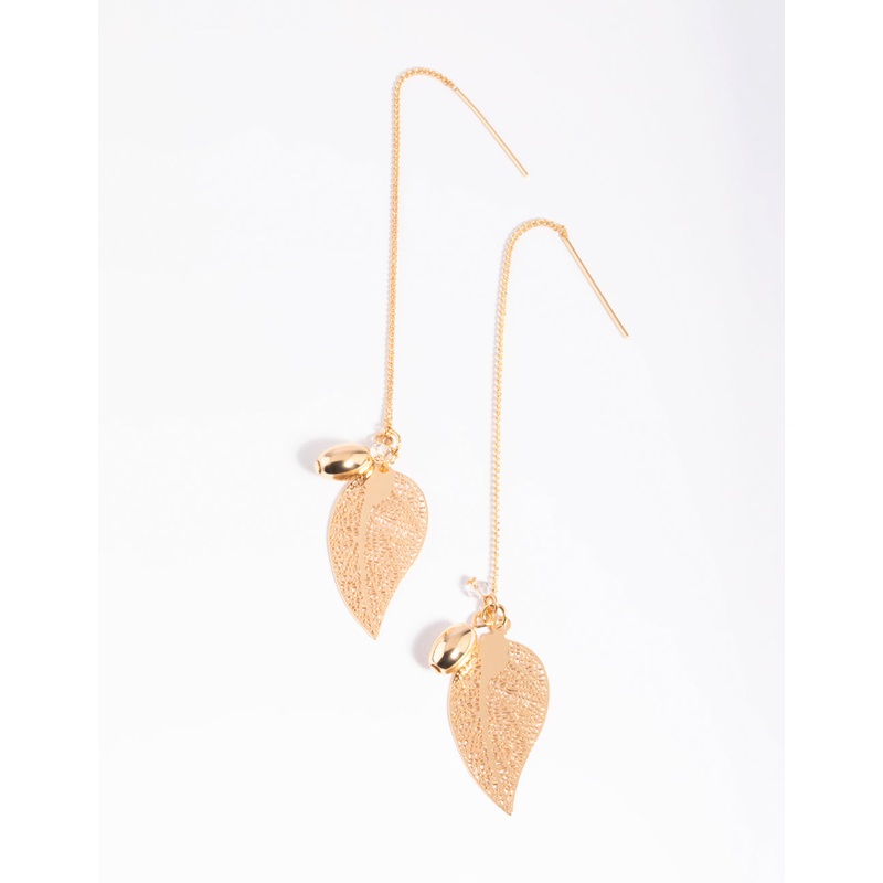 Gold Fine Leaf Thread Through Earrings