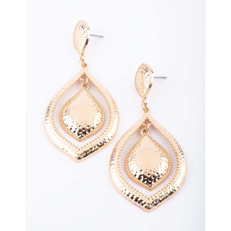 Gold Hammered Oval Drop Earrings