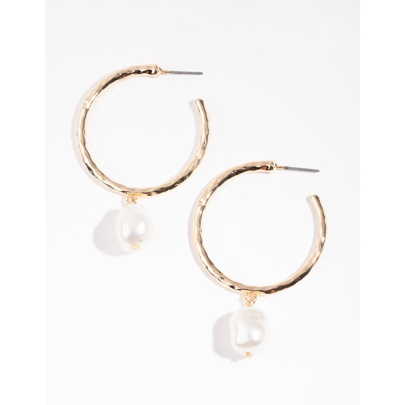 Gold Hammered Pearl Hoop Earrings