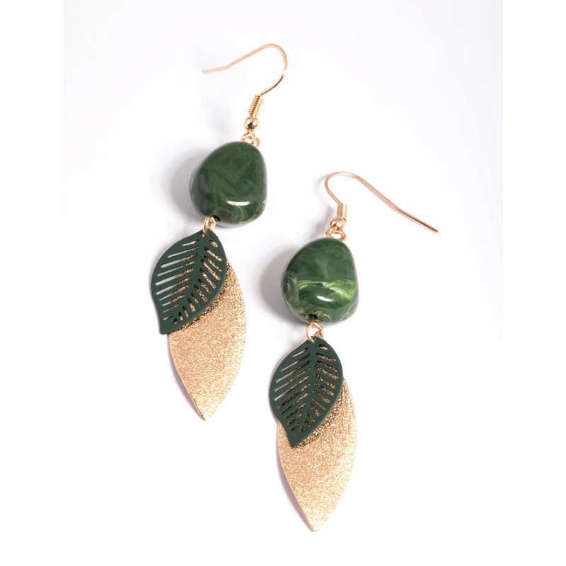 Gold Marble & Leaf Drop Earrings