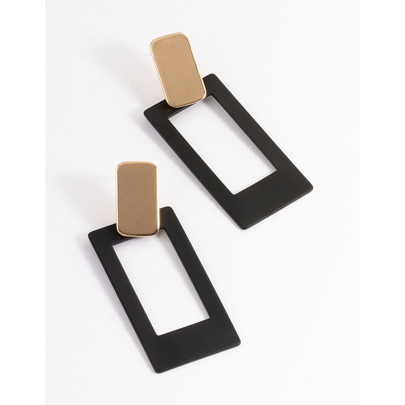Gold Open Black Rectangle Drop Earrings