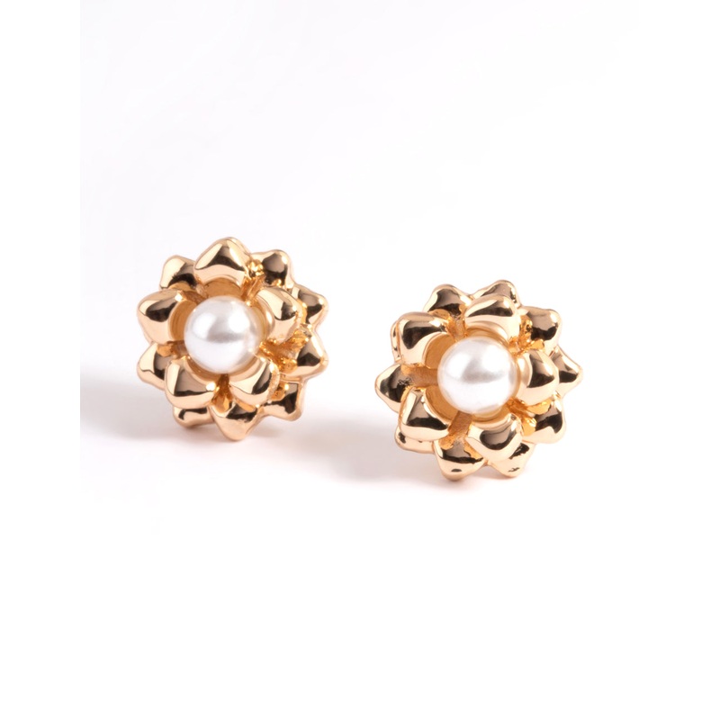 Gold Pearl Flower Stud Earrings