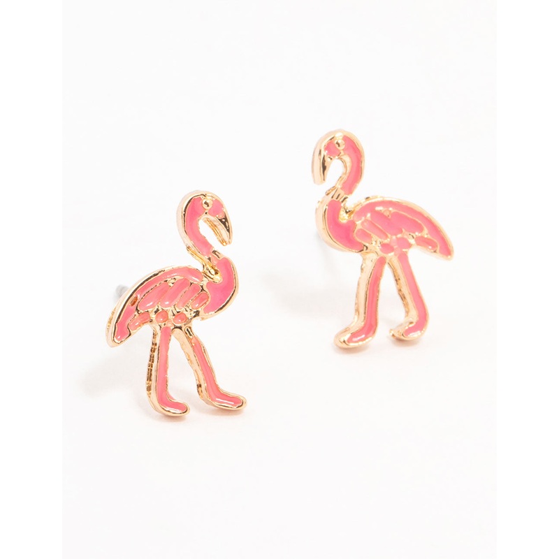 Gold Pink Epoxy Flamingo Stud Earrings