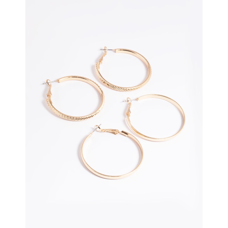 Gold Plain Text Hoop Earrings Set