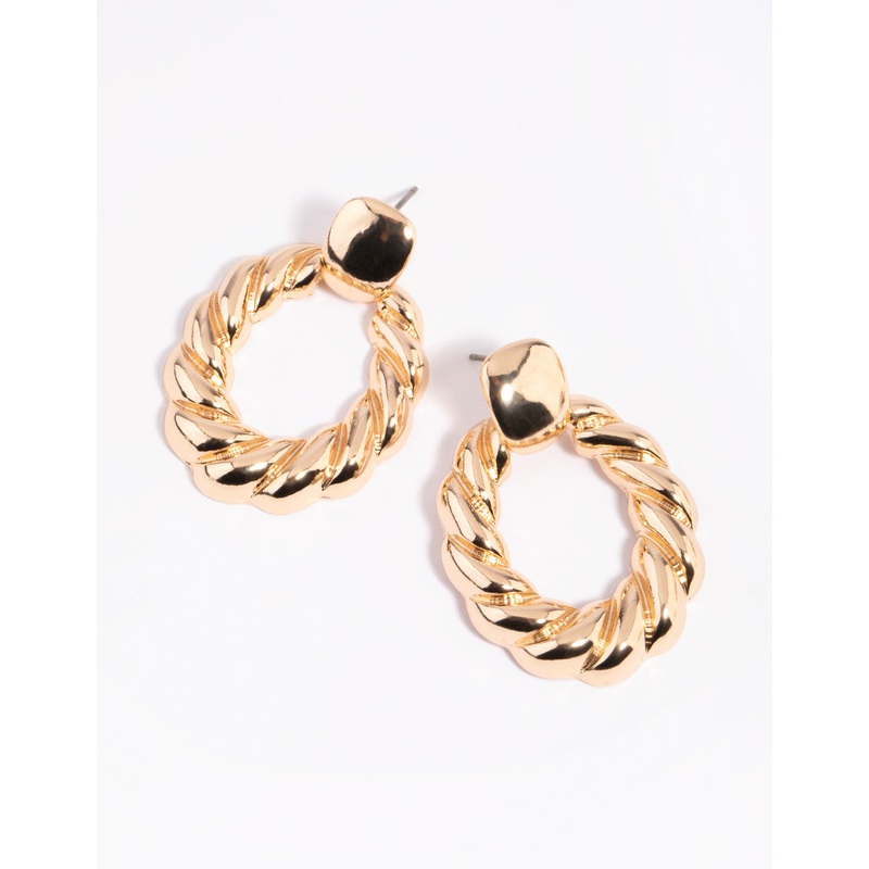 Gold Twisted Door Knocker Stud Earrings