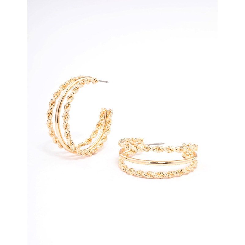 Gold Twisted & Plain Triple Hoop Earrings