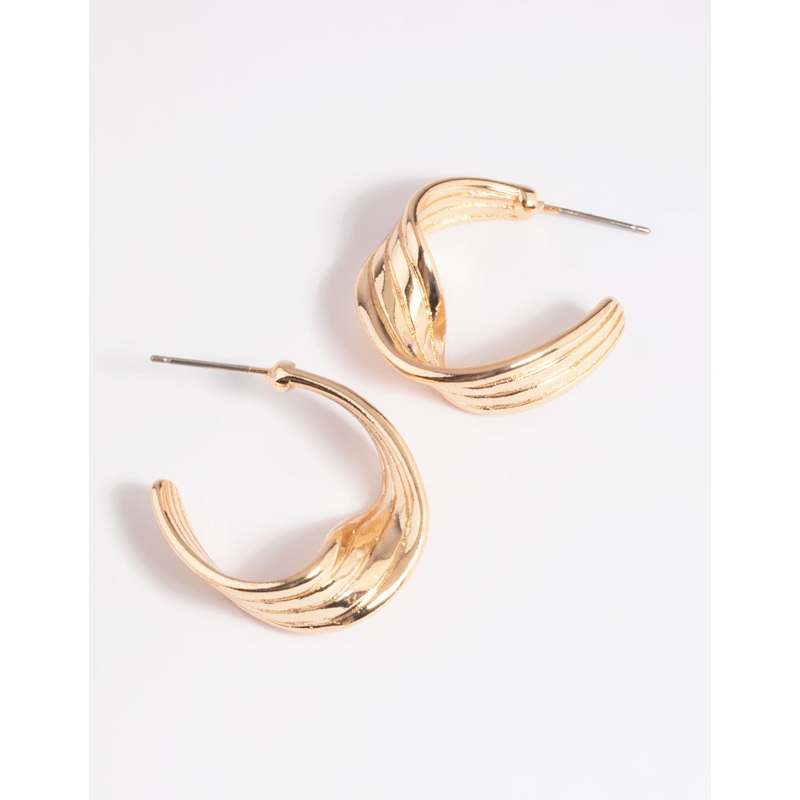 Gold Warped Text Hoop Earrings