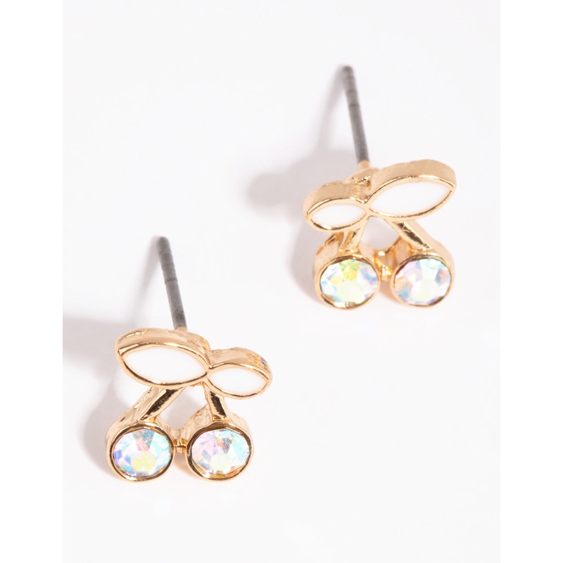 Gold & White Cherry Stud Earrings