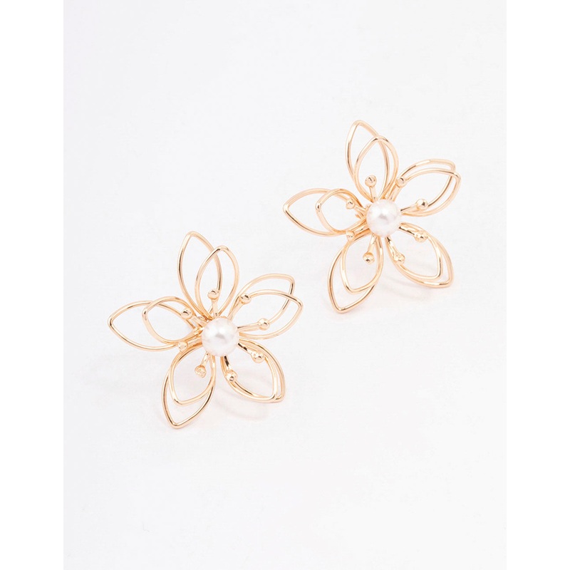 Gold Wire Pearl Flower Stud Earrings