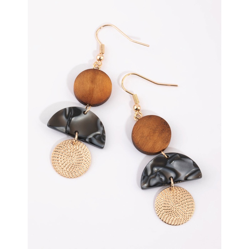 Gold Wooden Bead Drop Earrings