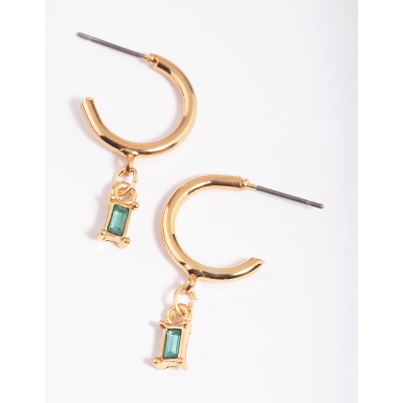 Green Baguette Stone Huggie Hoop Earrings