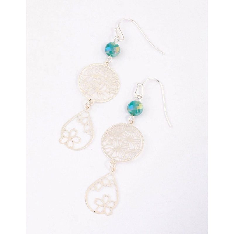 Green Beaded & Filigree Flower Drop Earrings