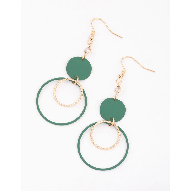 Green Disc & Open Circle Drop Earrings