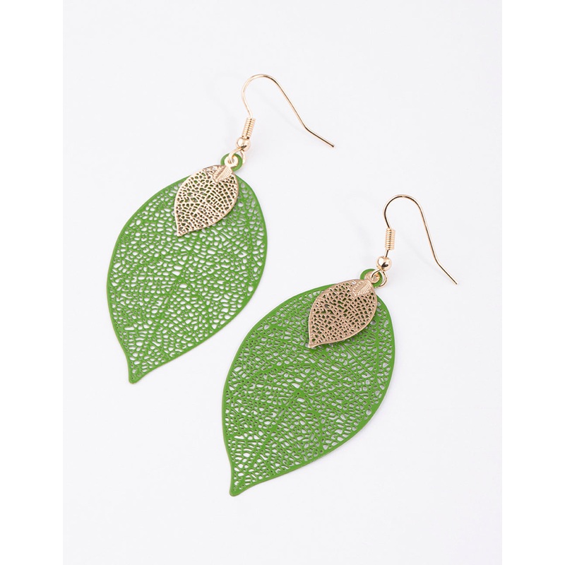 Green Mixed Filo Leaf Drop Earrings
