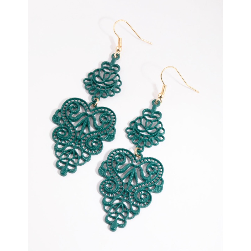 Matte Green Coated Metal Filigree Drop Earrings