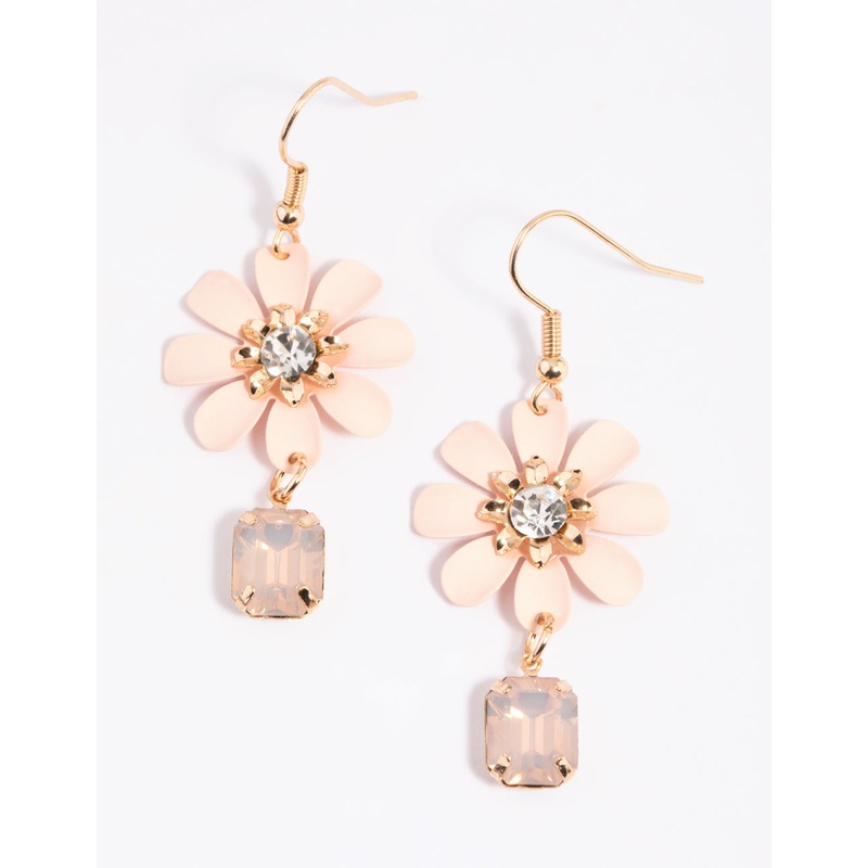 Pink Daisy & Square Stone Drop Earrings