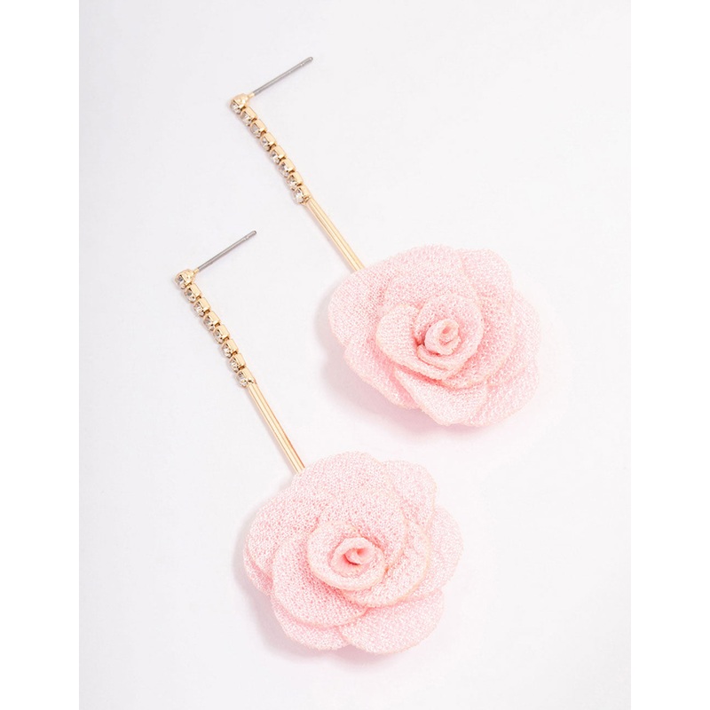 Pink Diamante Fabric Flower Drop Earrings