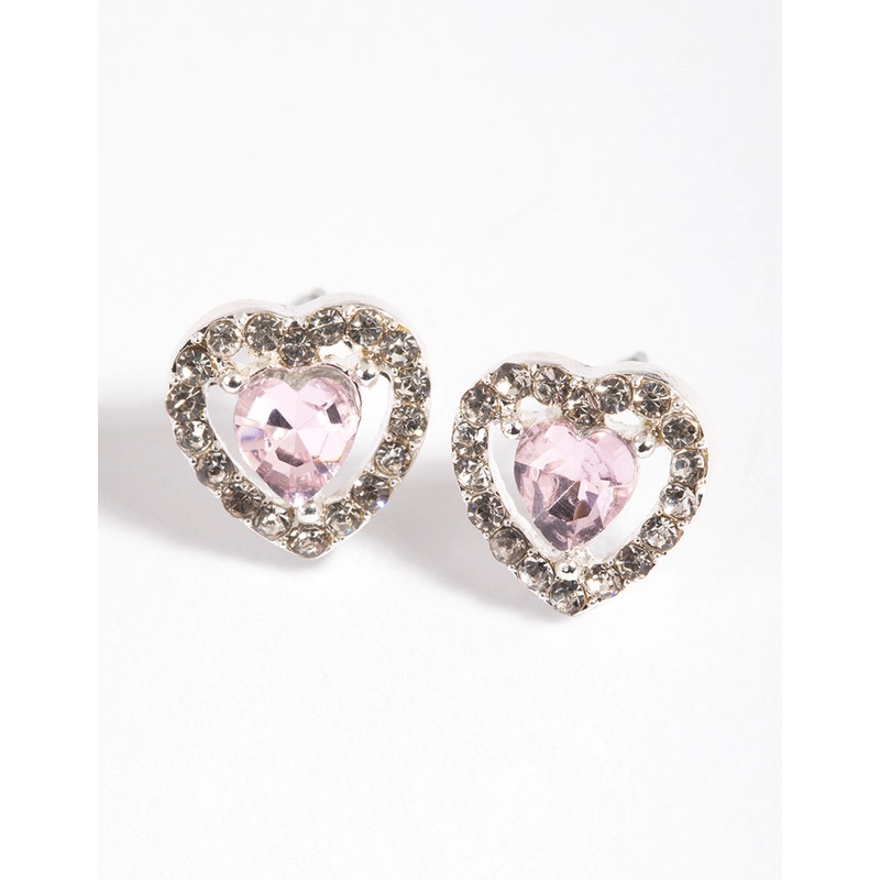 Pink Diamante Heart Stud Earrings