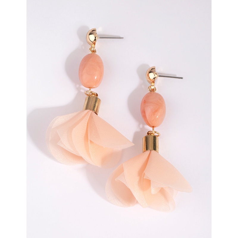 Pink Fabric & Bead Petal Drop Earrings