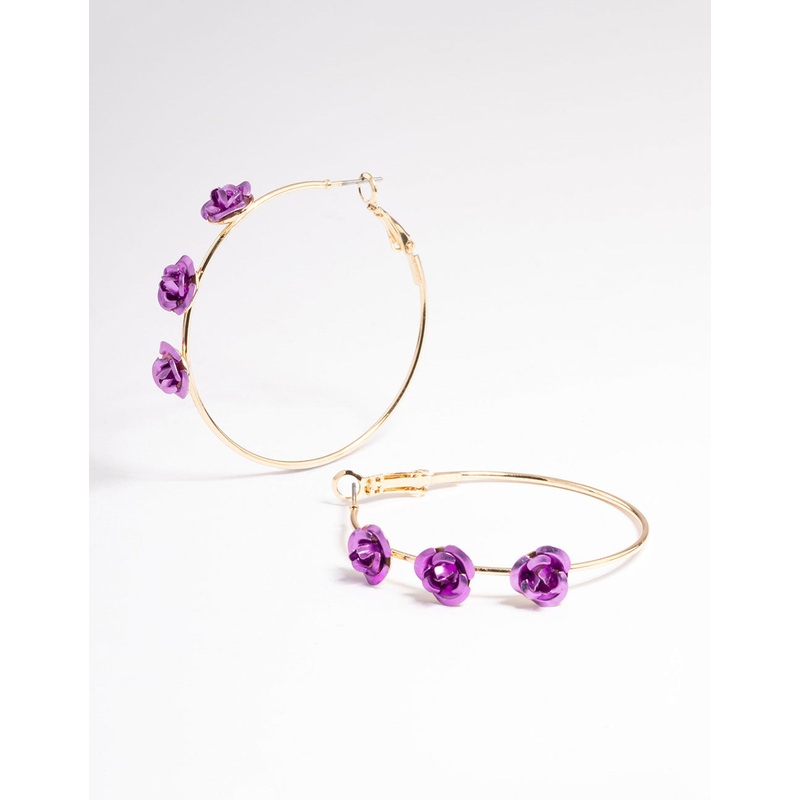 Purple Large Triple Rose Hoop Earrings