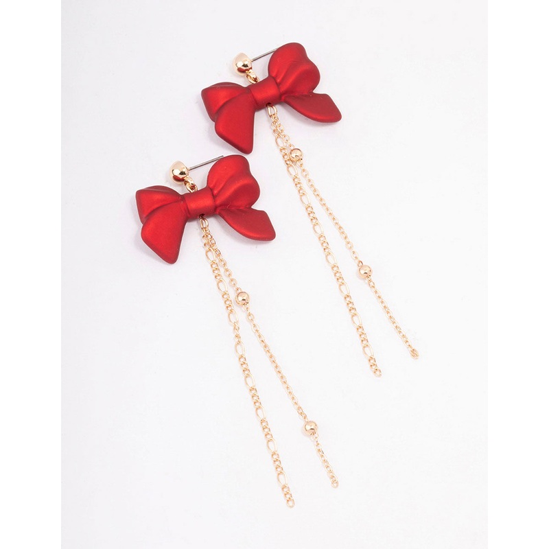 Red Pearlised Bow Chain Drop Earrings
