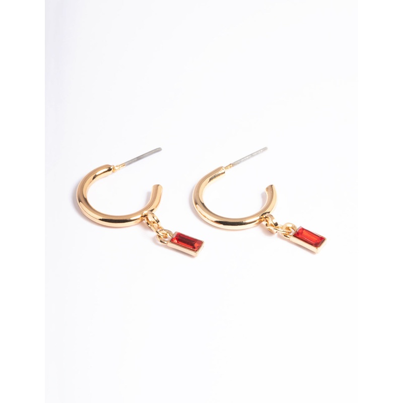 Red Stone Drop Huggie Earrings