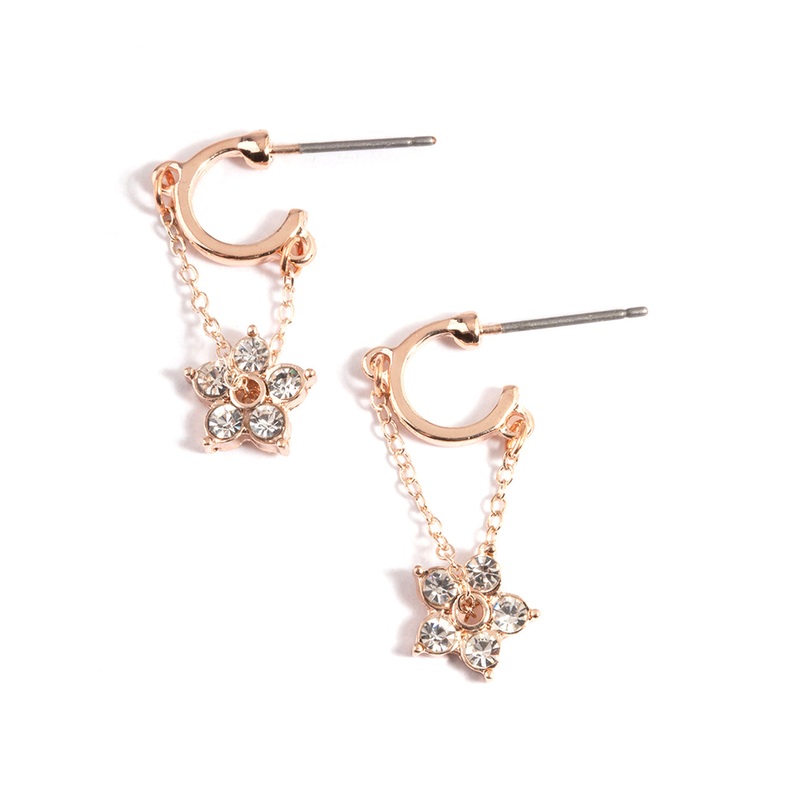 Rose Gold Diamante Flower Chain Huggie Earrings