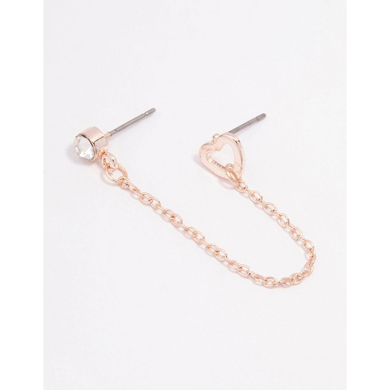 Rose Gold Diamante & Heart Chain Drop Earrings