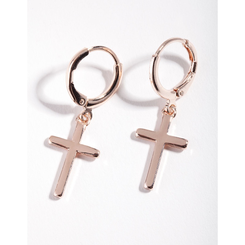 Rose Gold Fine Cross Huggie Earrings