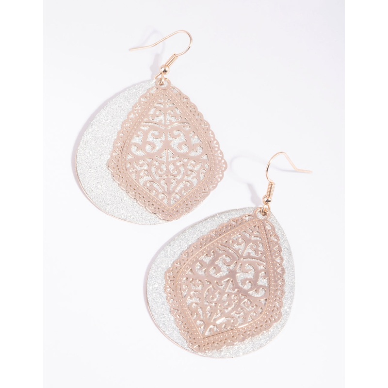 Rose Gold Glitter & Filigree Earrings