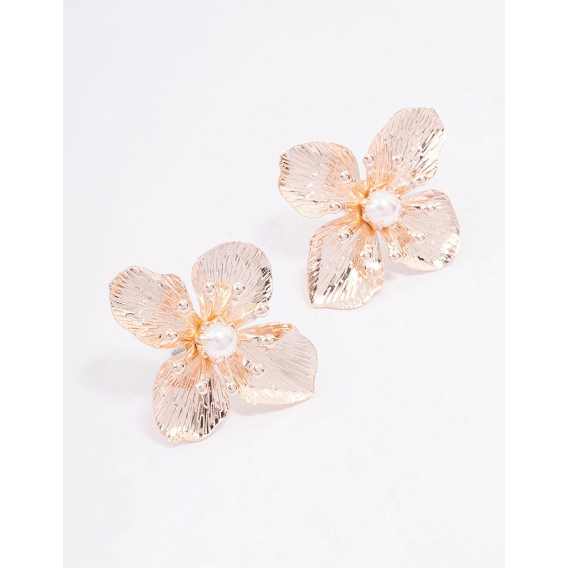 Rose Gold Large Flower Pearl Stud Earrings