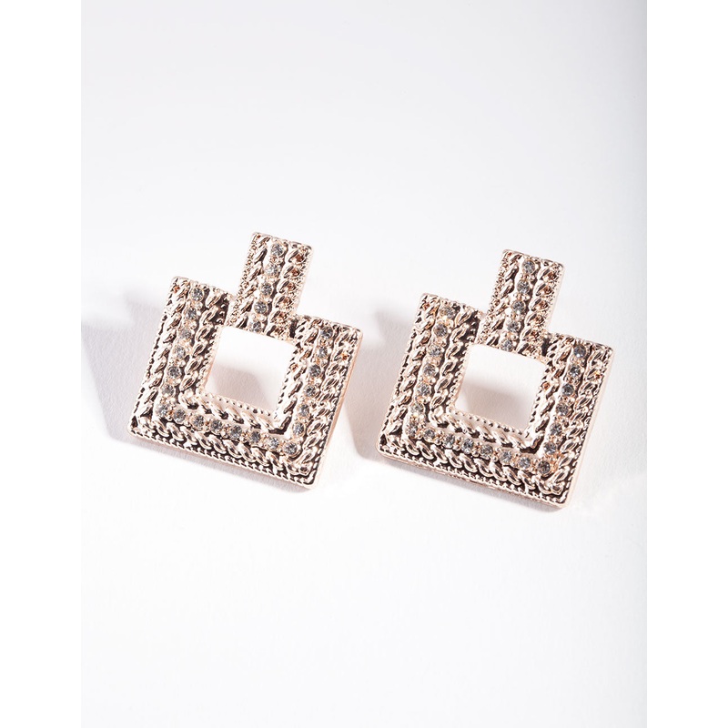 Rose Gold Mini Diamante Square Drop Earrings