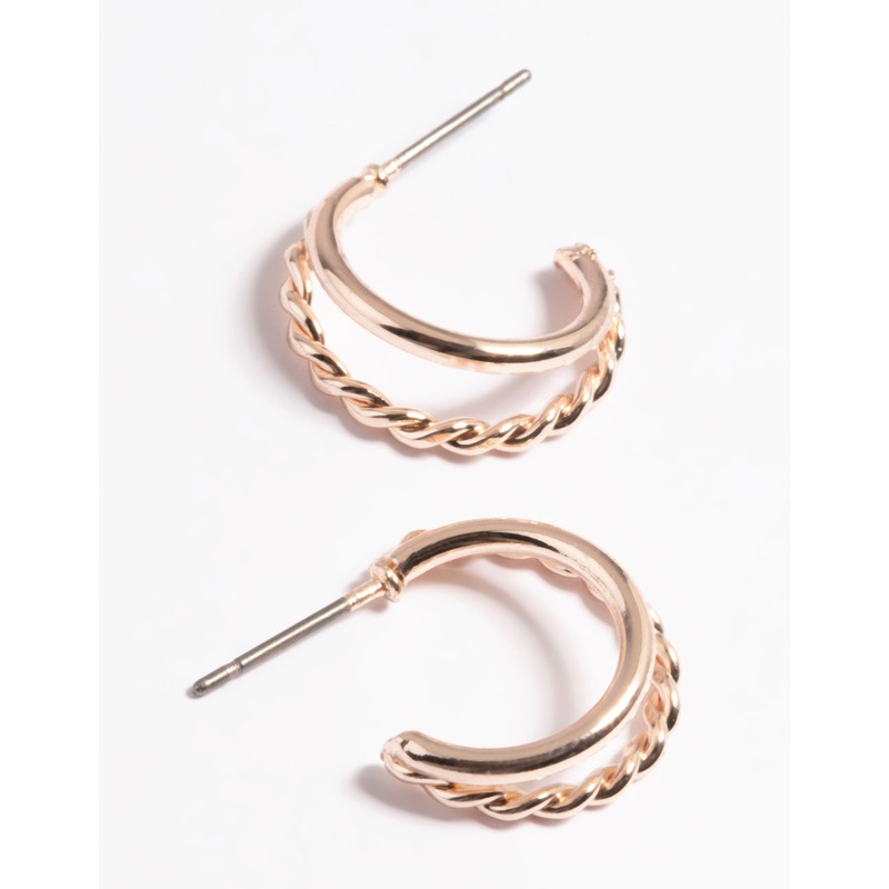 Rose Gold Plain & Twist Double Huggie Earrings