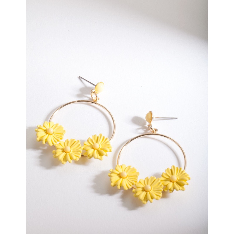 Yellow Daisy Hoop Drop Earrings